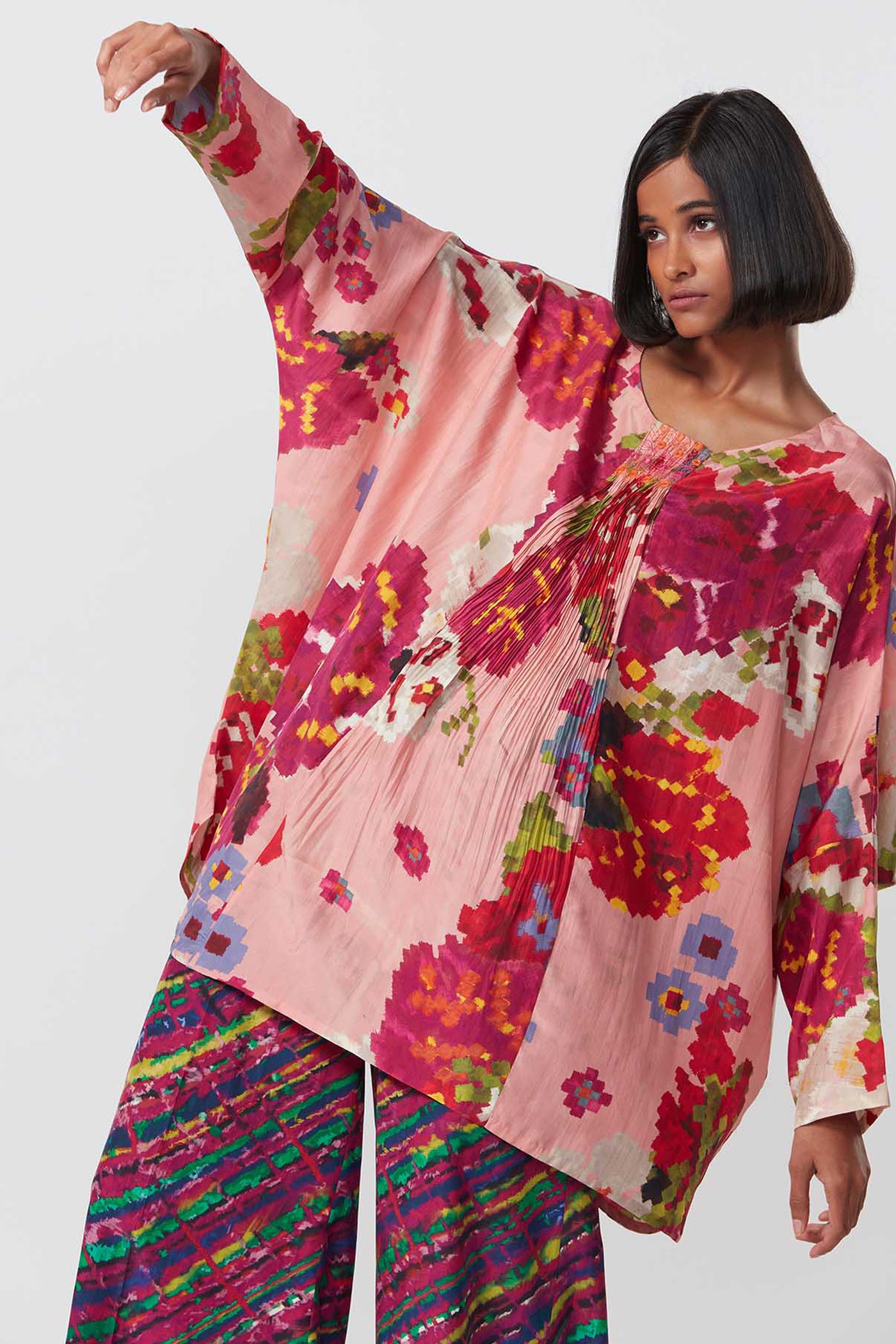 Saaksha and Kinni Batwing sleeve abstract floral print blouse pink indian designer online shopping melange singapore