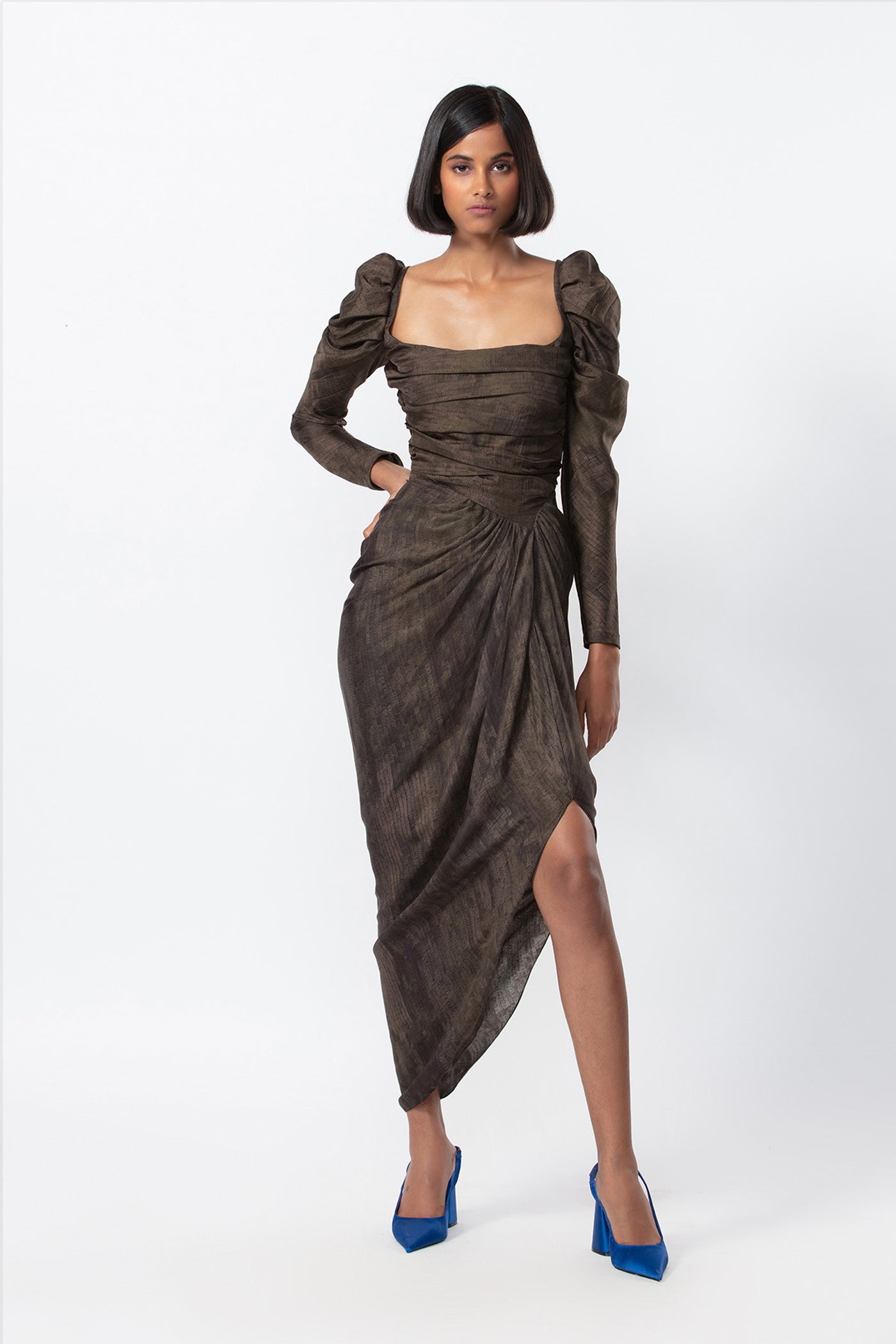 Saaksha and Kinni Corset style asymmetric drape dress with puff sleeves indian designer online shopping melange singapore