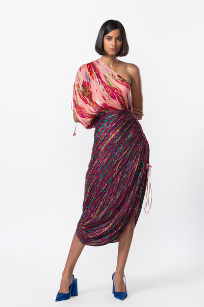 Saaksha and Kinni Dual floral and leheriya print, hand micro pleated sari style dress indian designer online shopping melange singapore