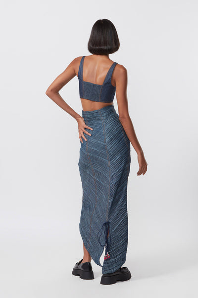 Saaksha and Kinni Hand micro pleated denim skirt with zipper detailing indian designer online shopping melange singapore