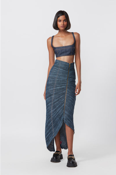 Saaksha and Kinni Hand micro pleated denim skirt with zipper detailing indian designer online shopping melange singapore
