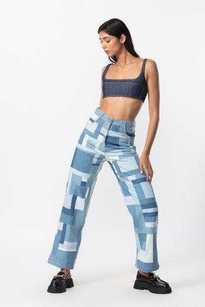 Saaksha and Kinni Tri color patchwork jeans indian designer online shopping melange singapore