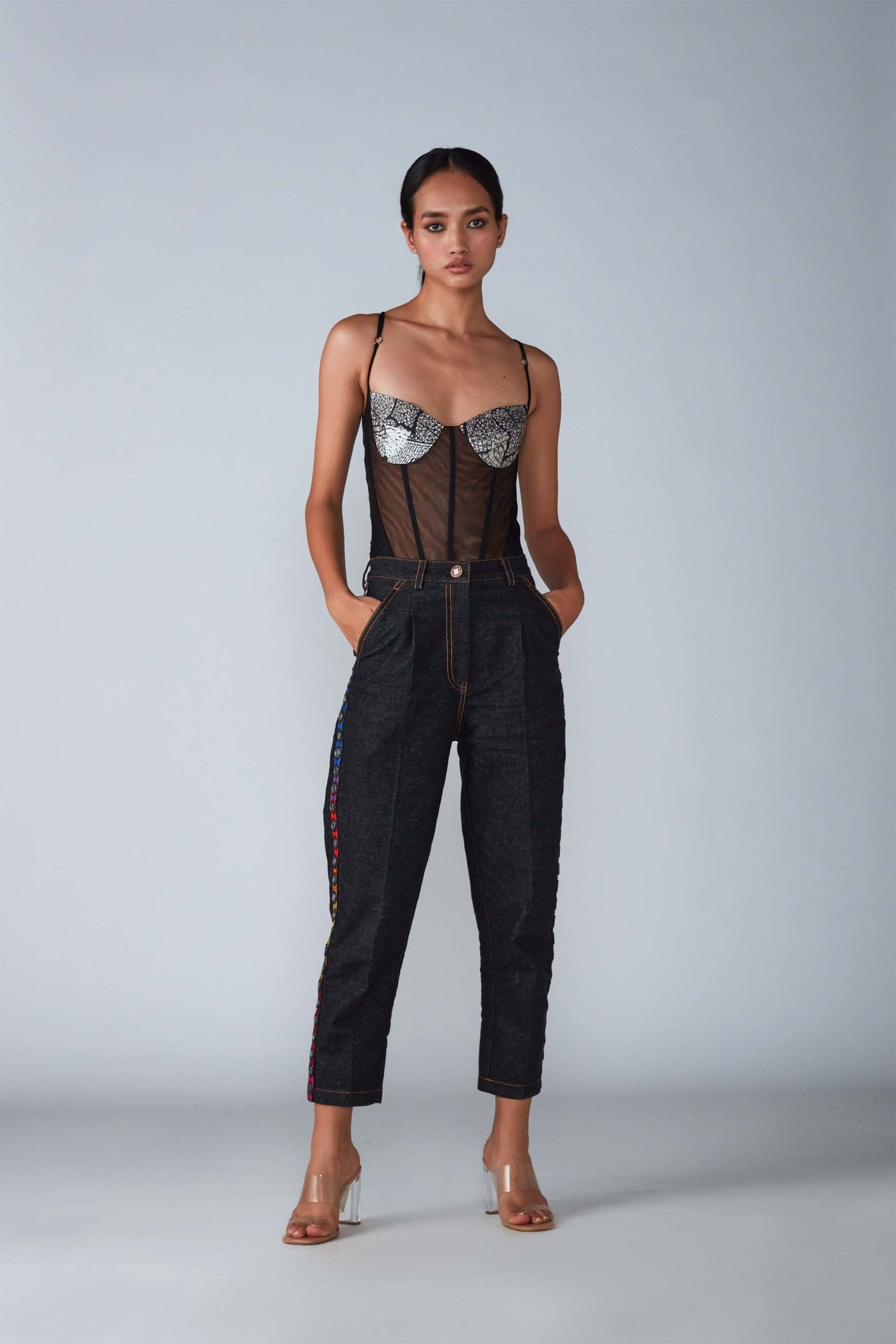 Saaksha & Kinni Abstract Tile Part Print Corset Style Bodysuit With Adjustable Straps indian designer womenswear fashion online shopping melange singapore