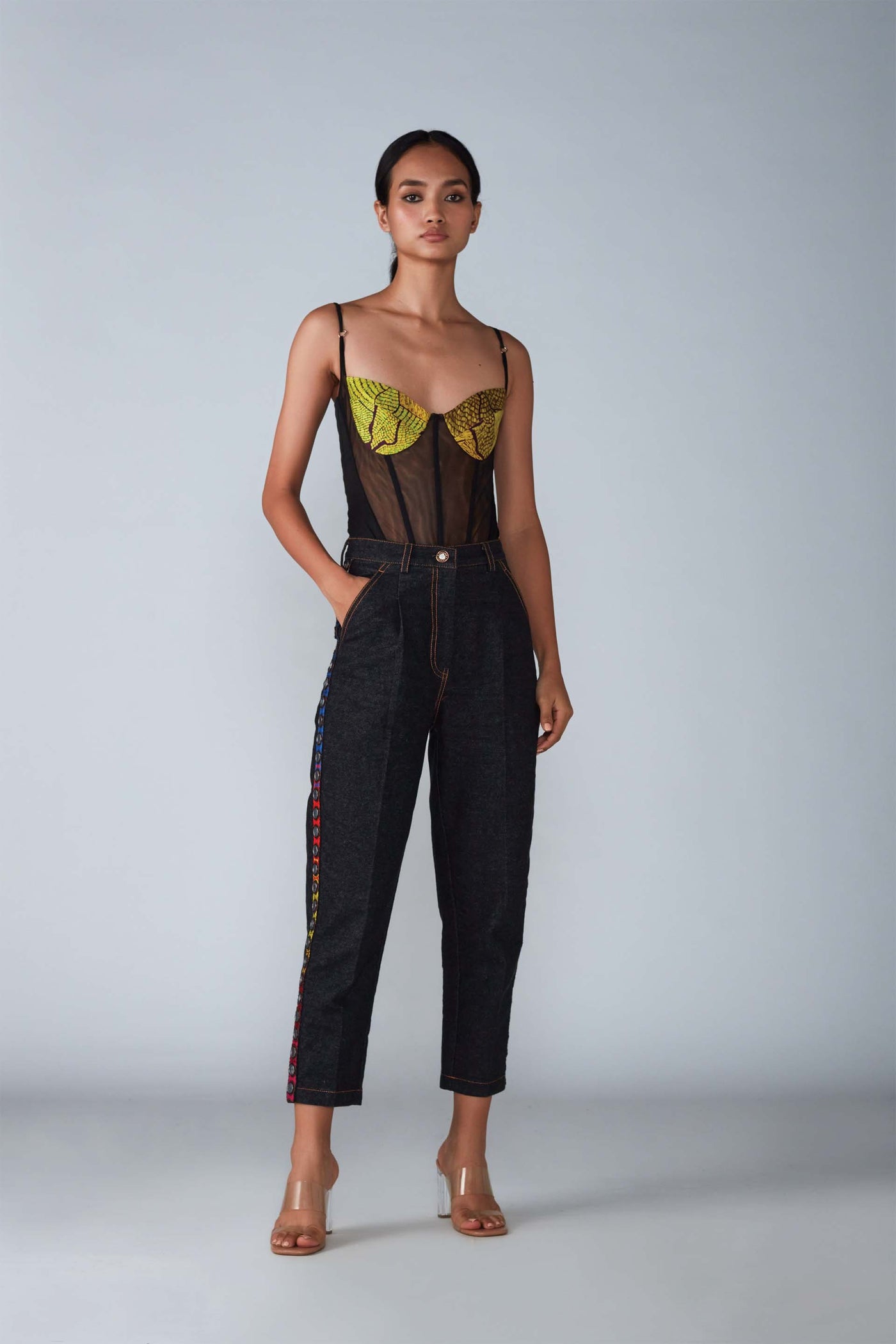 Saaksha & Kinni Abstract Tile Part Printed Corset Style Bodysuit With Adjustable Straps indian designer womenswear fashion online shopping melange singapore