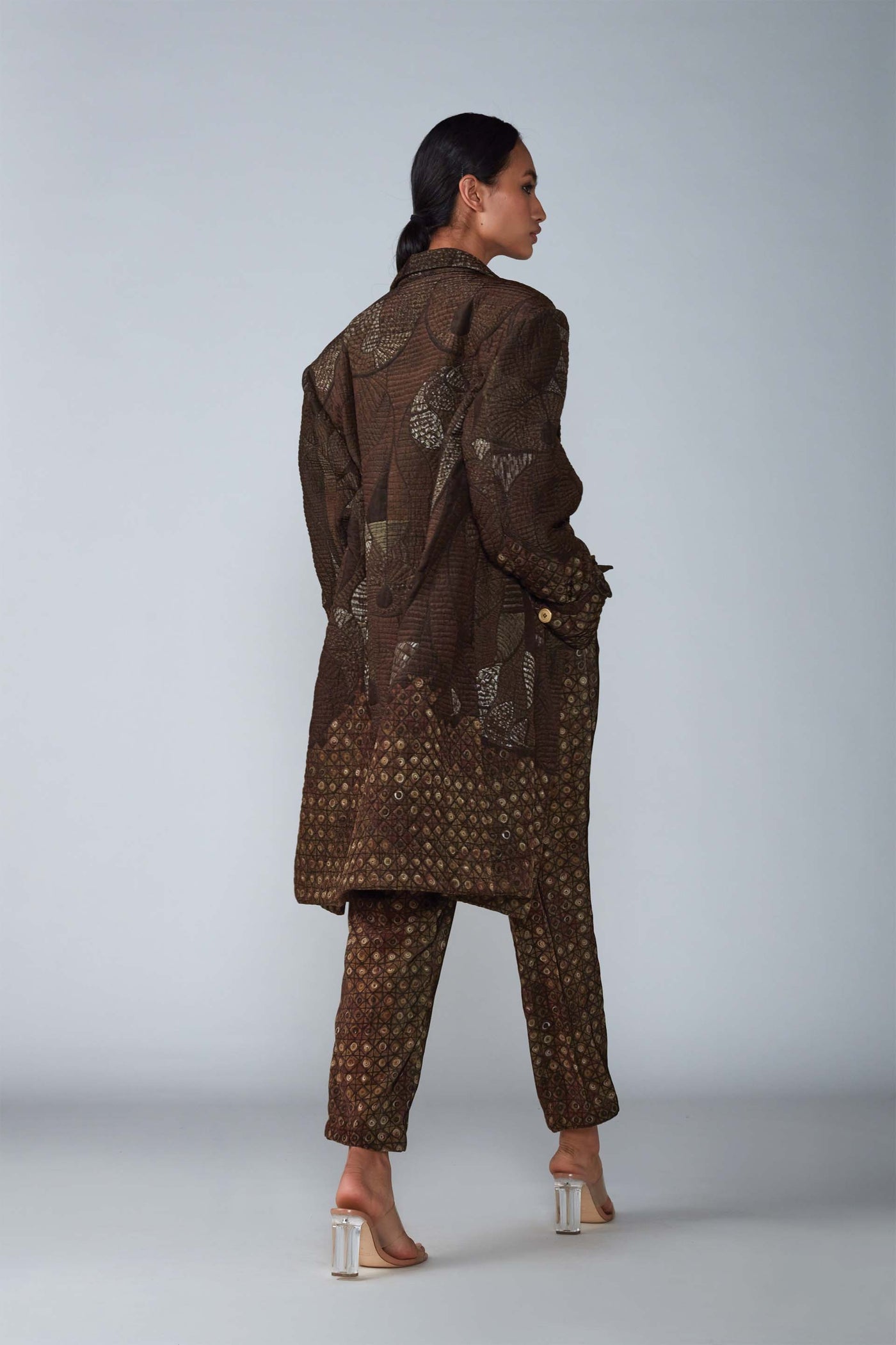 Saaksha & Kinni Abstract Tile Print Velvet Coat With Belted Sleeve Detailing indian designer womenswear fashion online shopping melange singapore