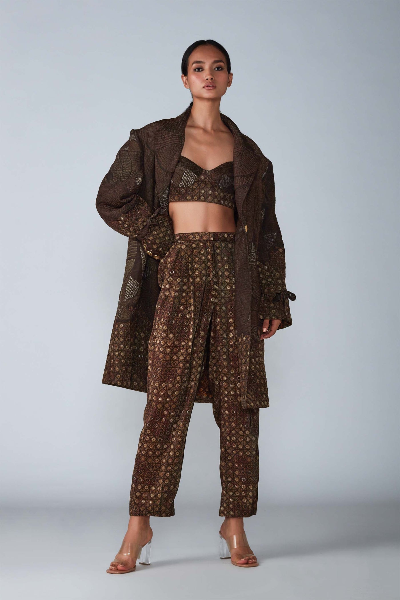 Saaksha & Kinni Abstract Tile Print Velvet Coat With Belted Sleeve Detailing indian designer womenswear fashion online shopping melange singapore