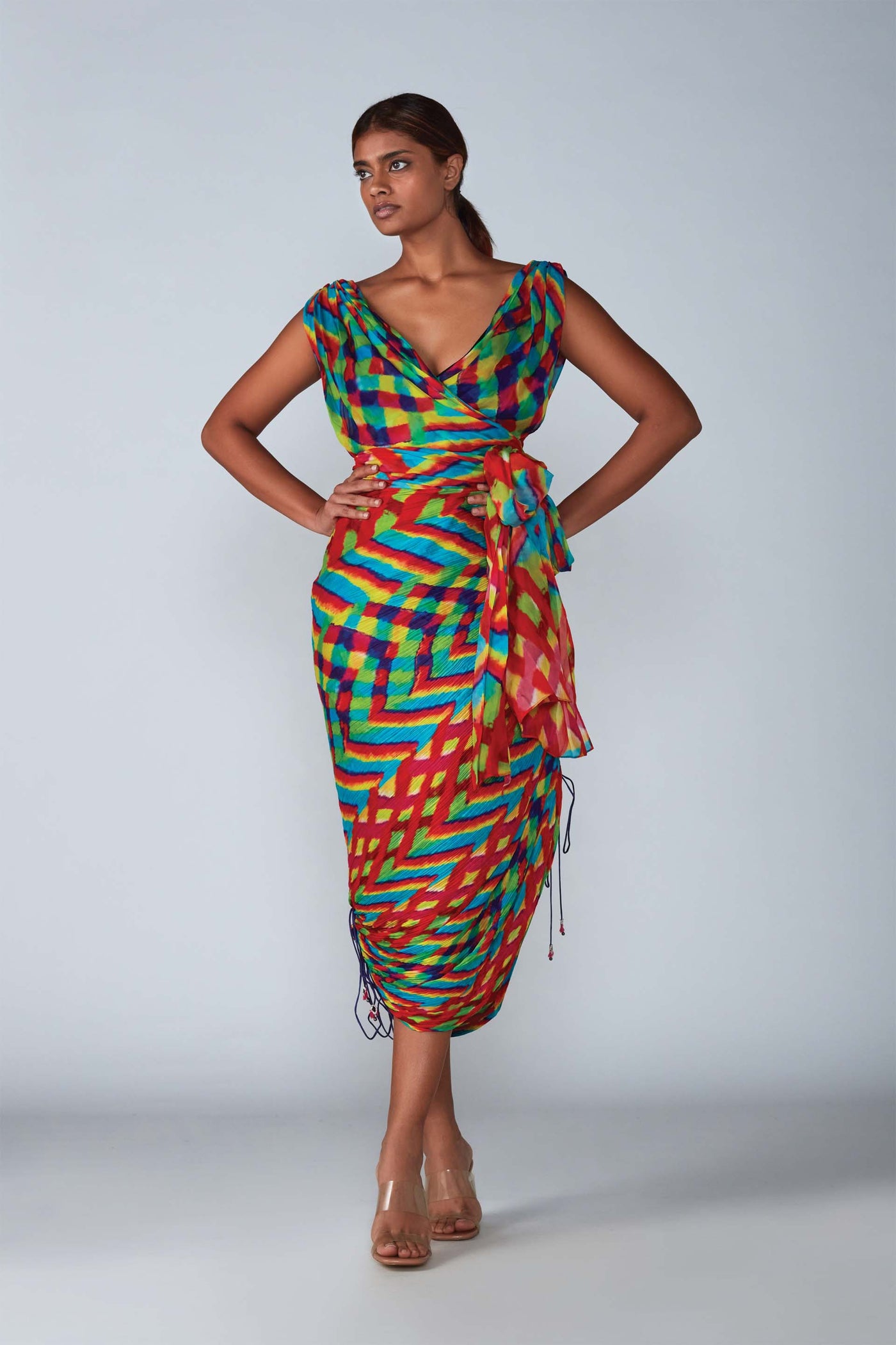 Saaksha & Kinni Leheriya Print Cowl Style Blouse With Attached Wrap Belt indian designer womenswear fashion online shopping melange singapore