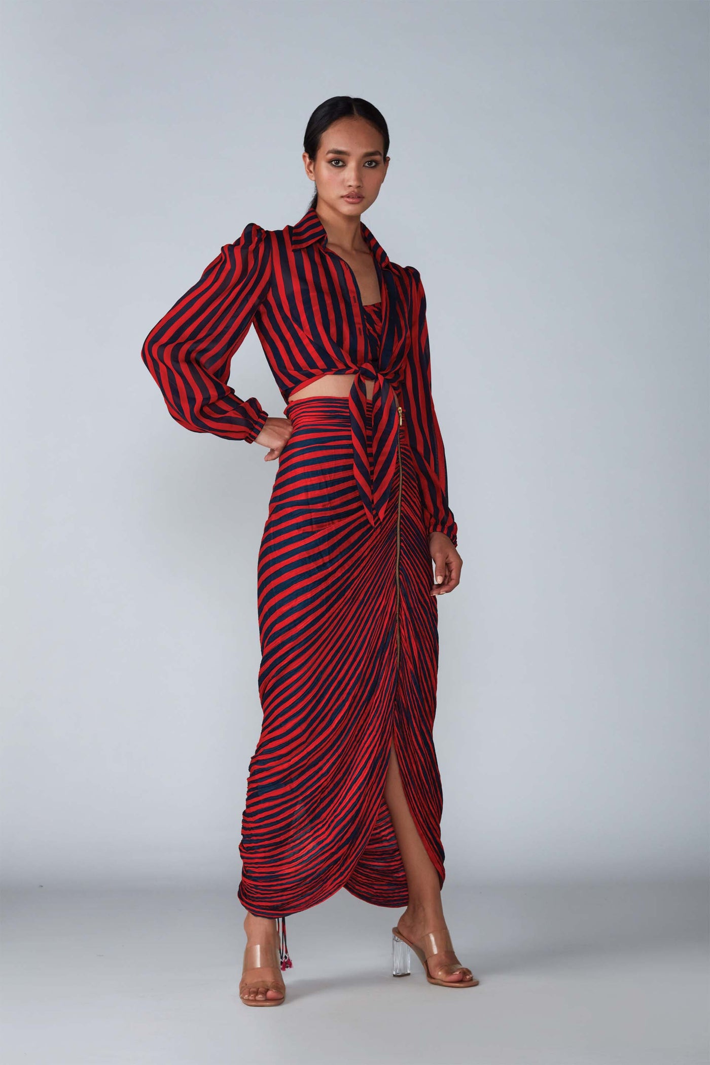 Saaksha & Kinni Stripe Print Tie Front Button Blouse indian designer womenswear fashion online shopping melange singapore