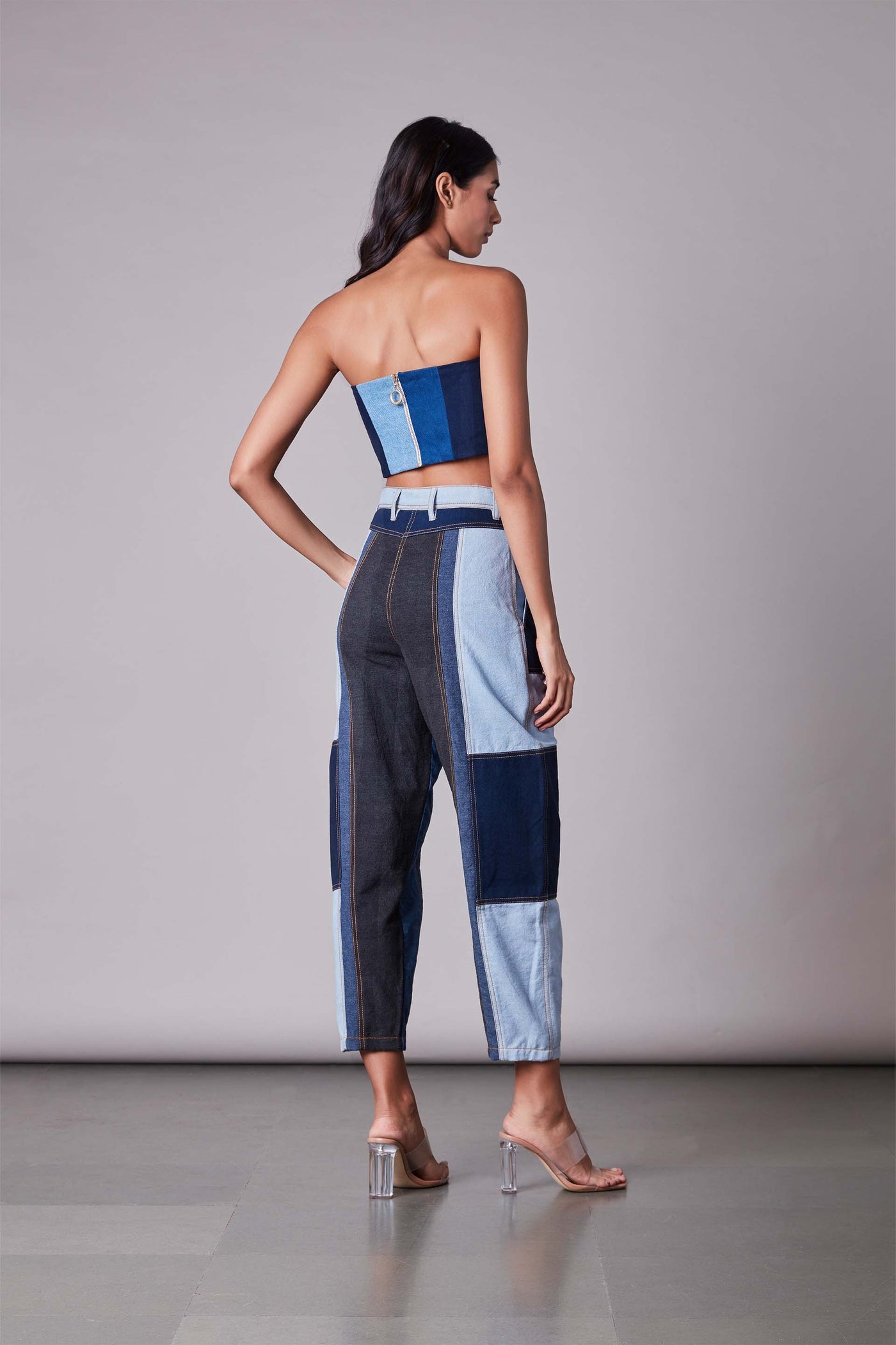 Saaksha & Kinni Patchwork Denim Bustier blue western indian designer wear online shopping melange singapore
