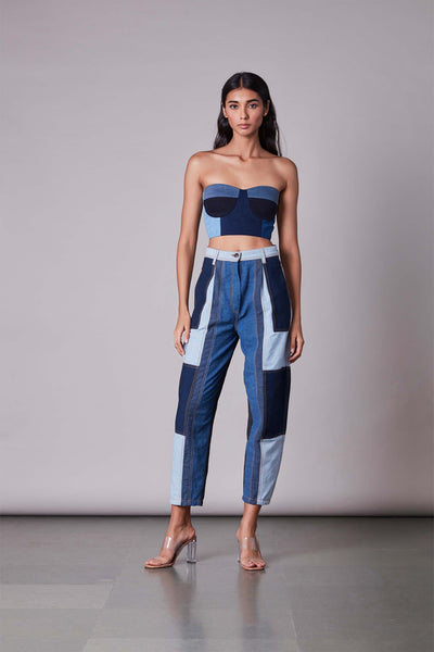 Saaksha & Kinni Patchwork Denim Bustier blue western indian designer wear online shopping melange singapore