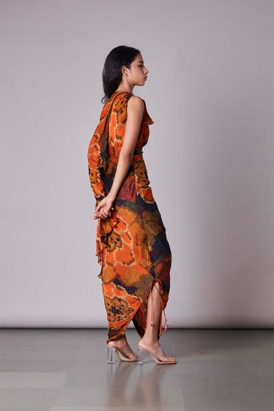 Saaksha & Kinni Printed Pleated Sari Dress multicolor western indian designer wear online shopping melange singapore