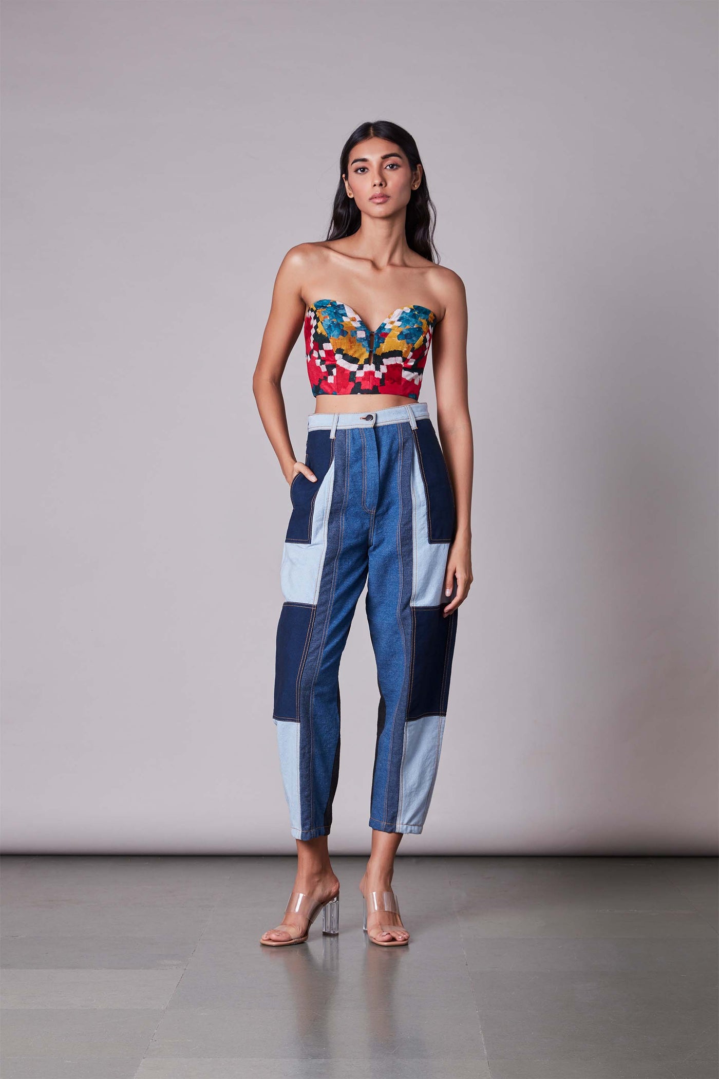 Saaksha & Kinni Patchwork Denim Jeans blue western indian designer wear online shopping melange singapore