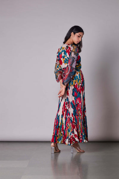 Saaksha & Kinni Ikat Print Asymmetrical Micro Pleated Dress multicolor western indian designer wear online shopping melange singapore