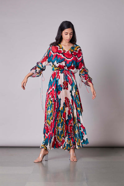 Saaksha & Kinni Ikat Print Asymmetrical Micro Pleated Dress multicolor western indian designer wear online shopping melange singapore