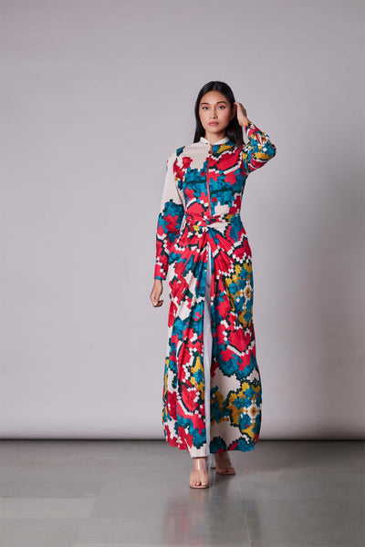 Saaksha & Kinni Ikat print knot detailed jacket/blouse with ribbed collar western indian designer wear online shopping melange singapore