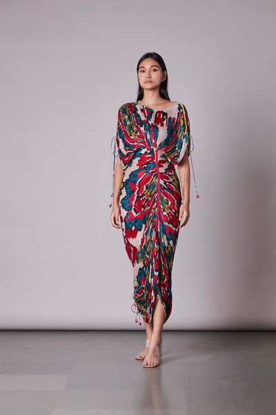 Saaksha & Kinni Ikat Print Pleated Sari Dress multicolor western indian designer wear online shopping melange singapore