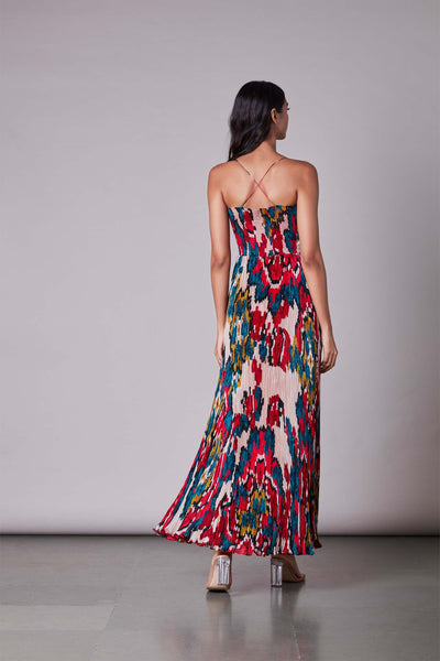 Saaksha & Kinni Ikat Print Hand Micro Pleated Maxi Dress western indian designer wear online shopping melange singapore