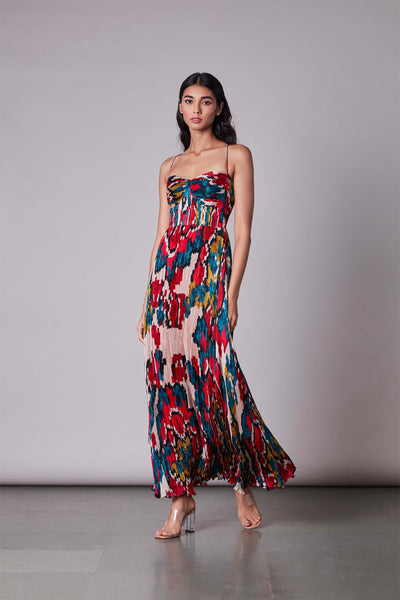 Saaksha & Kinni Ikat Print Hand Micro Pleated Maxi Dress western indian designer wear online shopping melange singapore