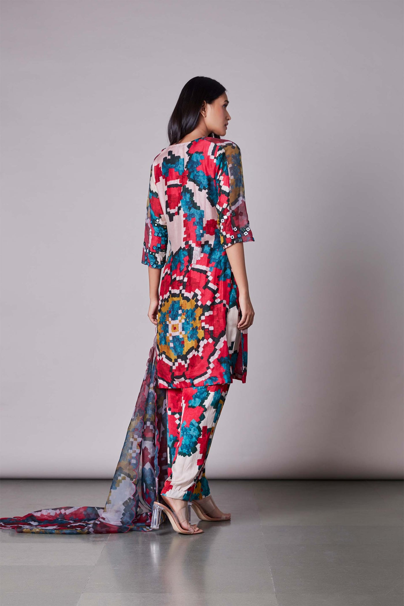 Saaksha & Kinni Ikat Print Kurti With Embroidered Sleeves mulitcolor indian designer wear online shopping melange singapore