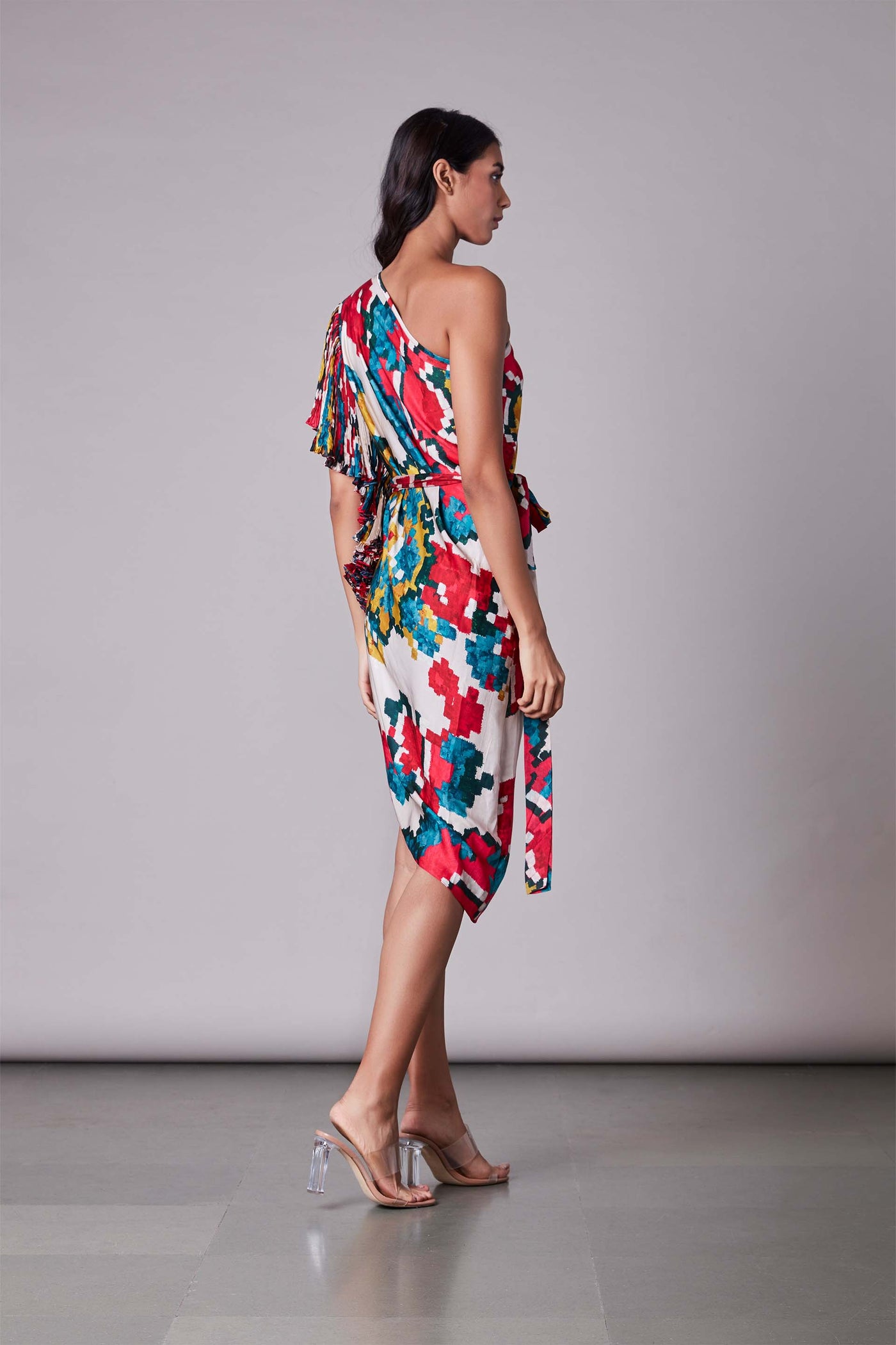 Saaksha & Kinni Ikat print one shoulder ruffle sleeve dress western indian designer wear online shopping melange singapore