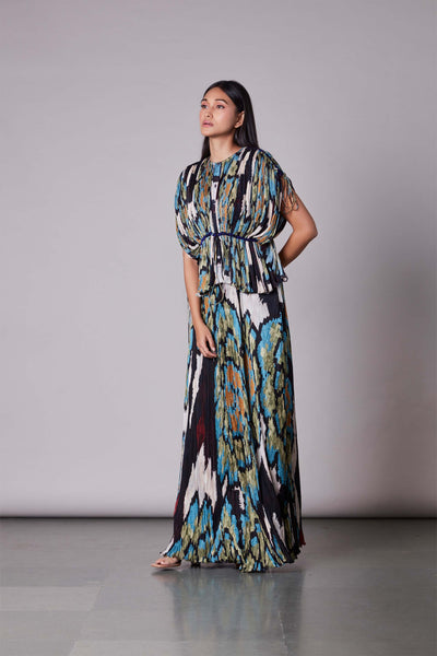 Saaksha & Kinni Ikat Print Hand Micro Pleated Skirt multicolor western indian designer wear online shopping melange singapore