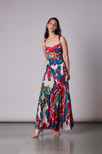 Saaksha & Kinni Ikat Print Pleated Maxi Dress multicolor western indian designer wear online shopping melange singapore