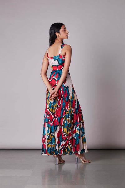 Saaksha & Kinni Ikat Print Pleated Maxi Dress multicolor western indian designer wear online shopping melange singapore