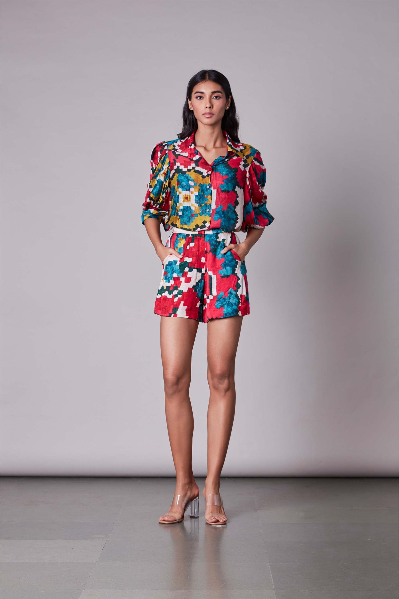 Saaksha & Kinni Ikat Print High Waist Shorts multicolor western indian designer wear online shopping melange singapore