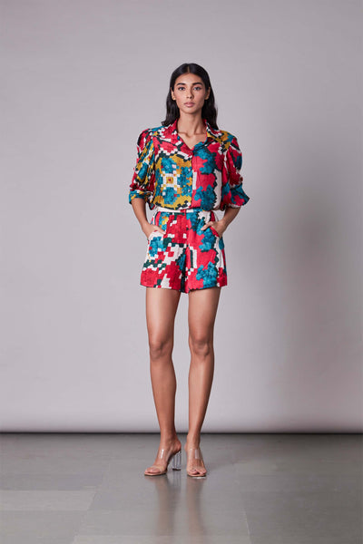 Saaksha & Kinni Ikat Print High Waist Shorts multicolor western indian designer wear online shopping melange singapore