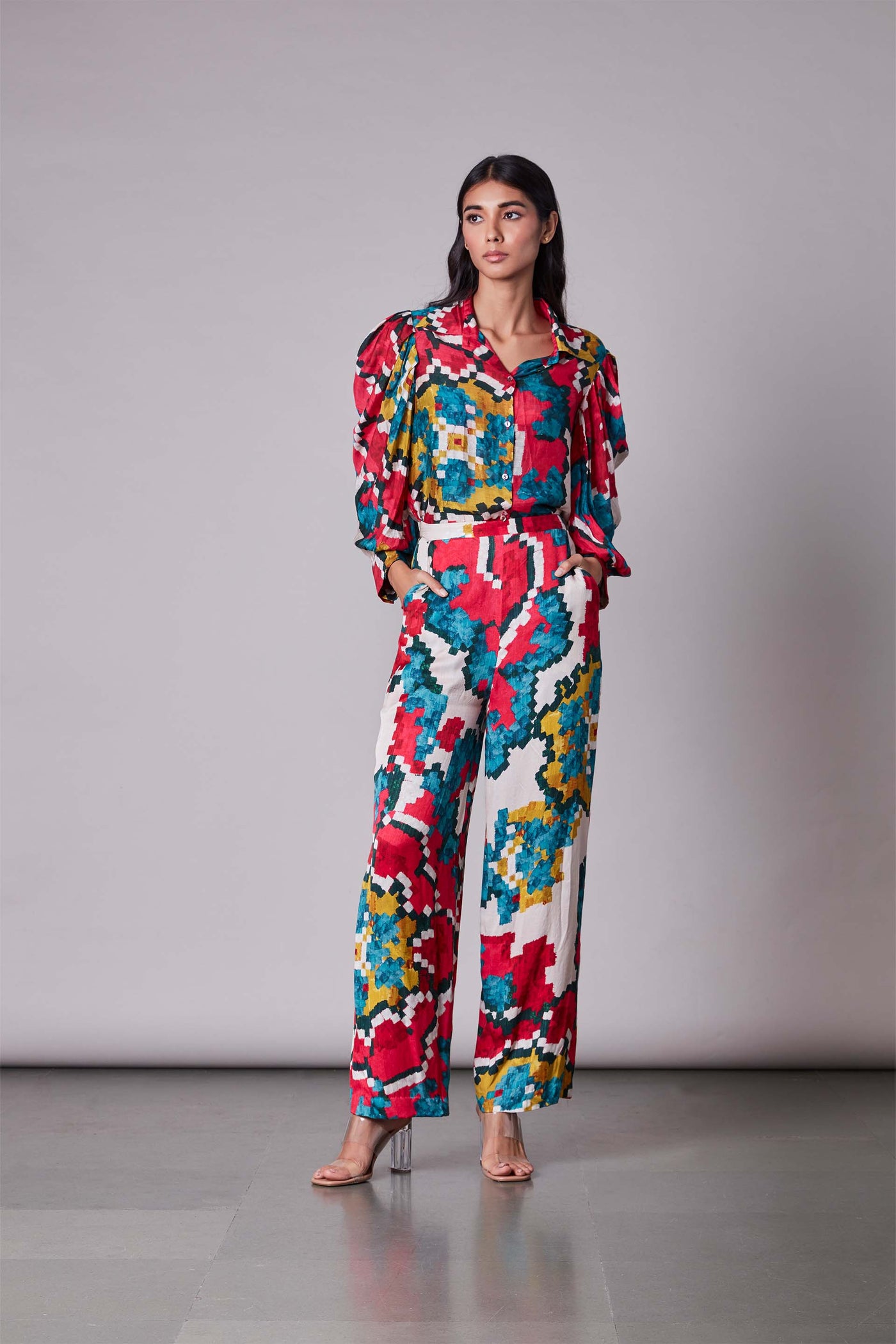 Saaksha & Kinni Ikat Print Ribbed Collar Shirt multicolor western indian designer wear online shopping melange singapore