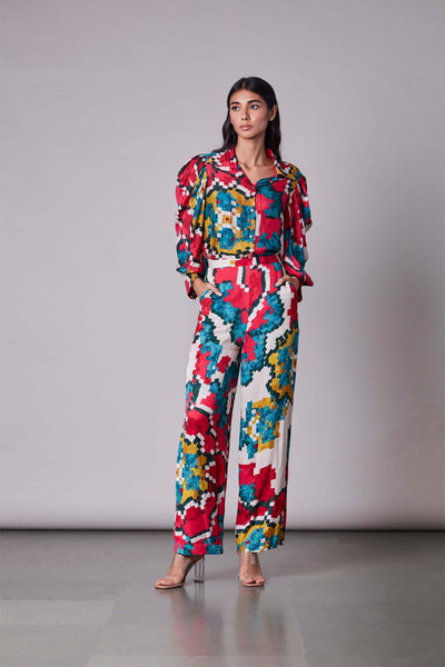 Saaksha & Kinni Ikat Print Ribbed Collar Shirt multicolor western indian designer wear online shopping melange singapore