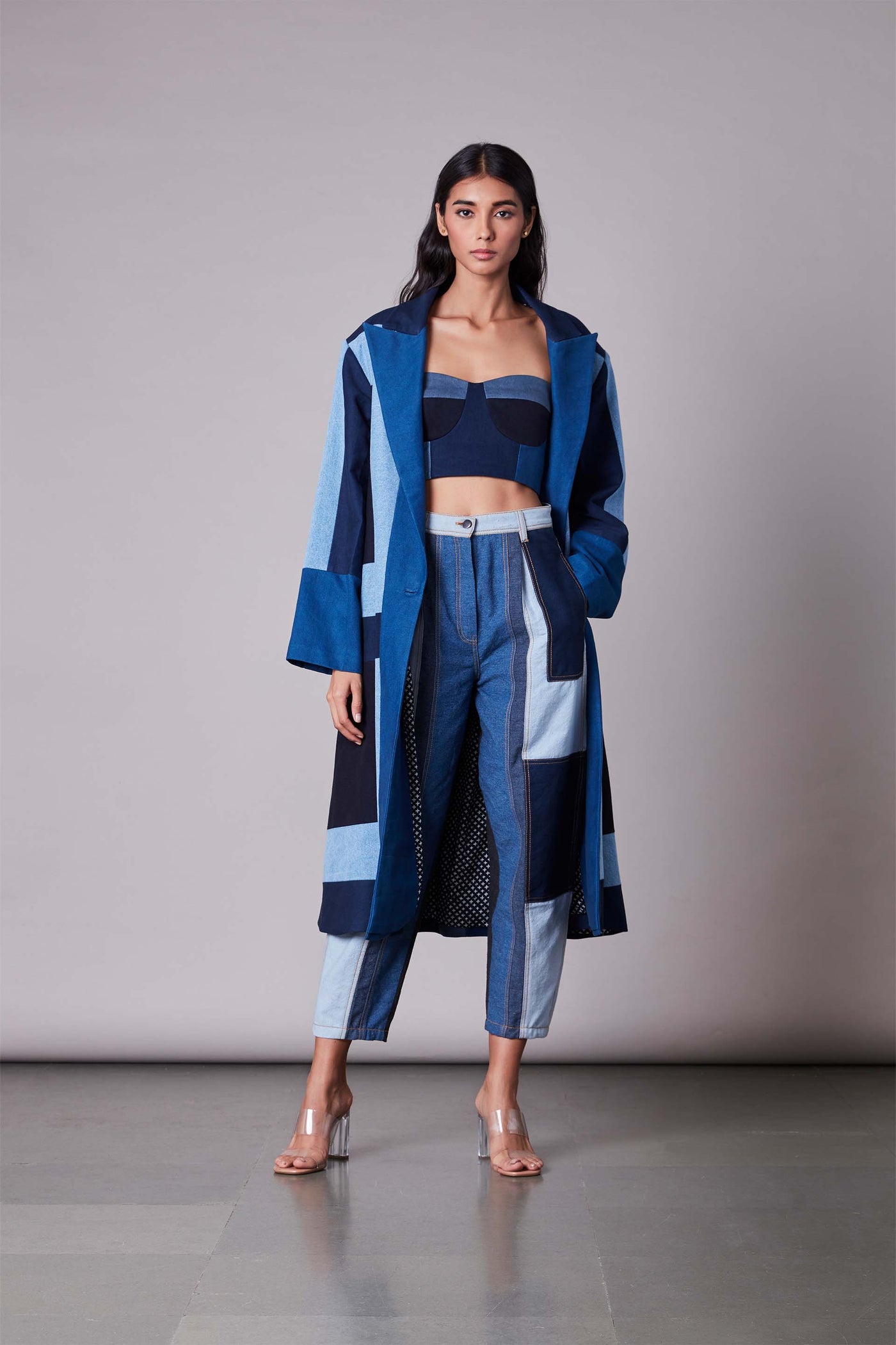 Saaksha & Kinni Patchwork Denim Coat blue western indian designer wear online shopping melange singapore