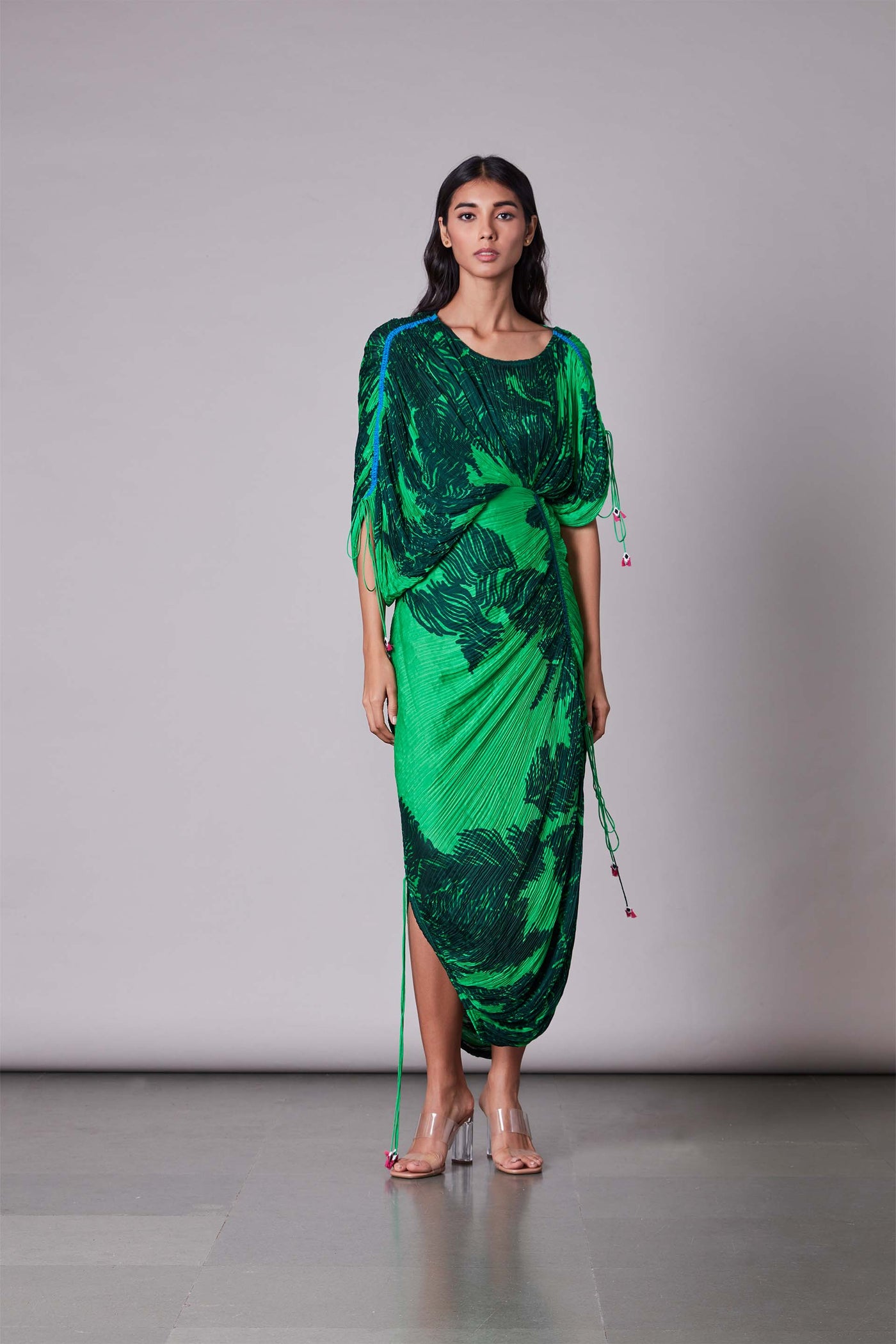 Saaksha & Kinni Scratch Print Sari Dress green western indian designer wear online shopping melange singapore