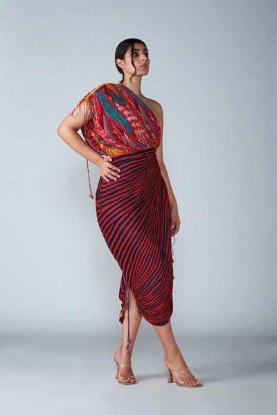 Saaksha & Kinni Abstract Bird And Stripe Dual Print Hand Micro Pleated Sari Dress indian designer womenswear fashion online shopping melange singapore