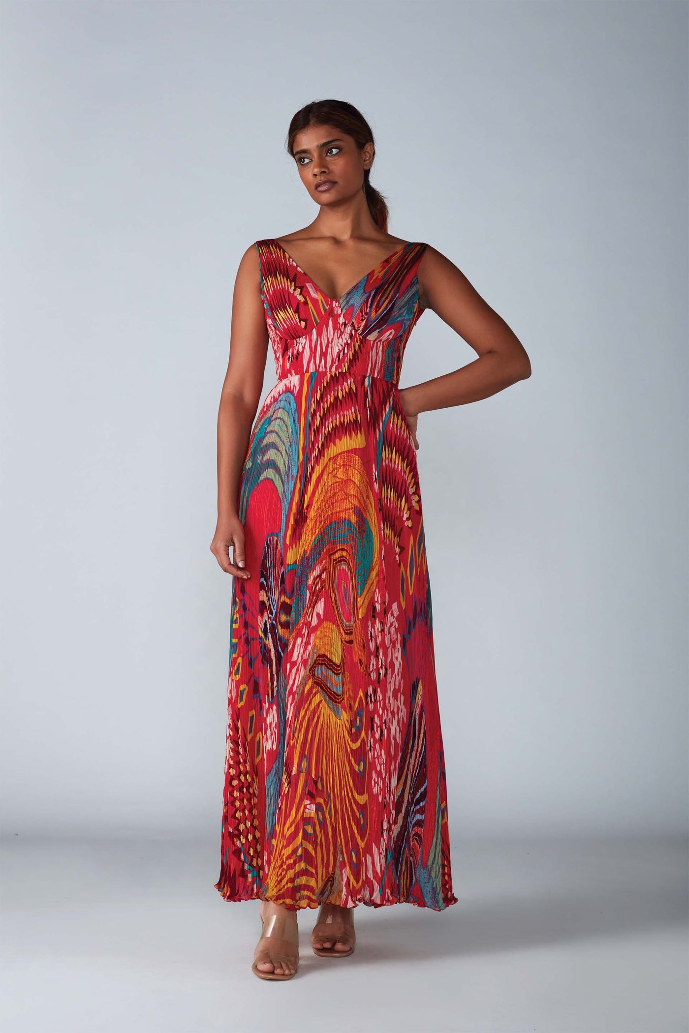 Saaksha & Kinni Abstract Bird Hand Micro Pleated V Neck Maxi Dress indian designer womenswear fashion online shopping melange singapore