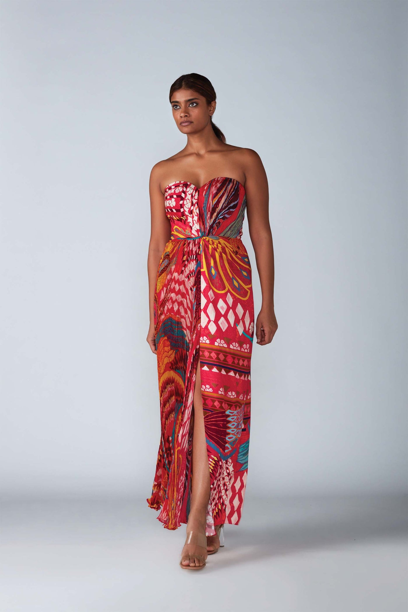 Saaksha & Kinni Abstract bird print part hand micro pleated maxi dress with customisable side slit indian designer womenswear fashion online shopping melange singapore