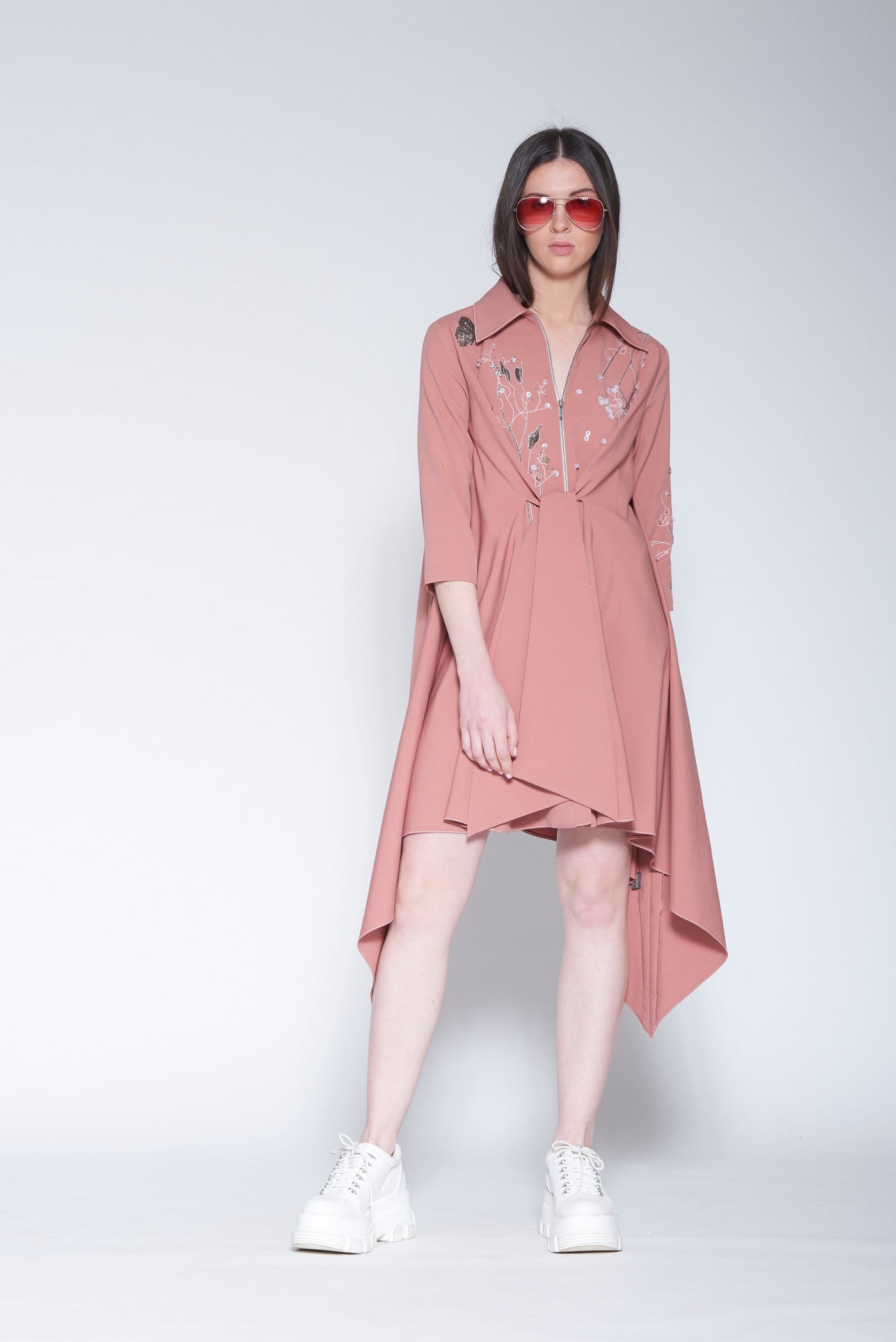 Dainty Flower And Butterflies Zipper Drape Shirt Dress