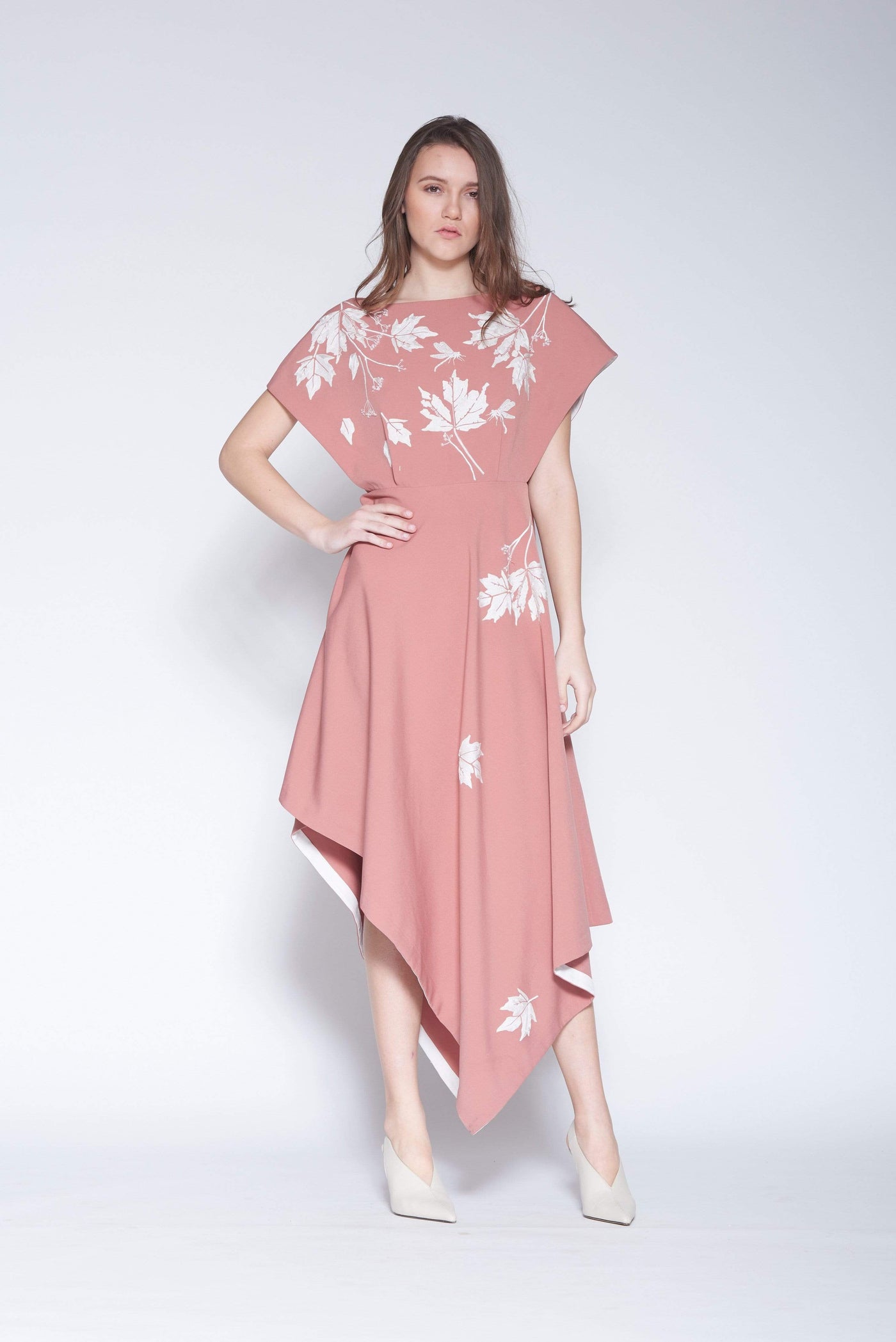 Ivy Leaves And Flower Boat Neck Handkerchief Midi Dress