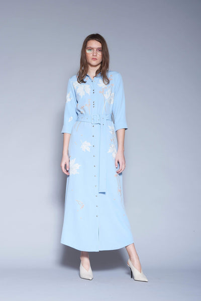 Ivy Leaves And Flower Long Shirt Dress with Buckle Belt