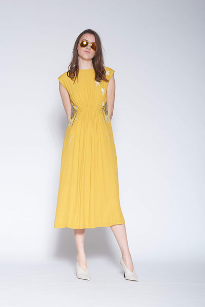 Wildflower And Dragonflies Front Gather Midi Dress
