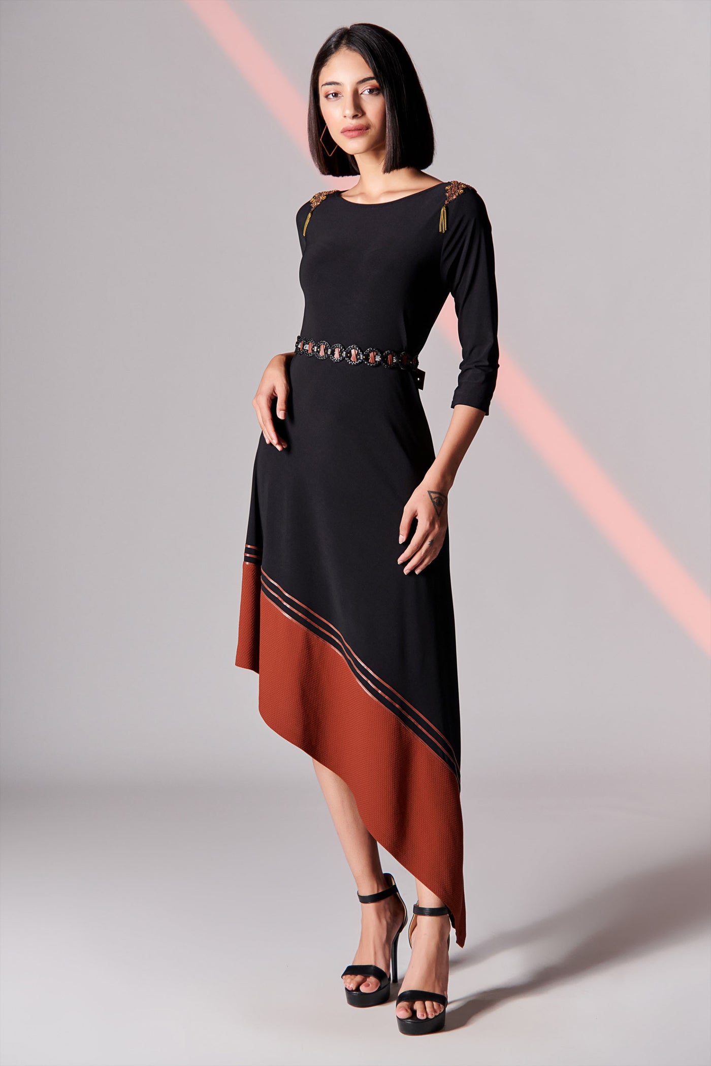 Shantanu & Nikhil Asymmetric Black-Rust Colour Block Kurta indian womenswear designer fashion online shopping melange singapore