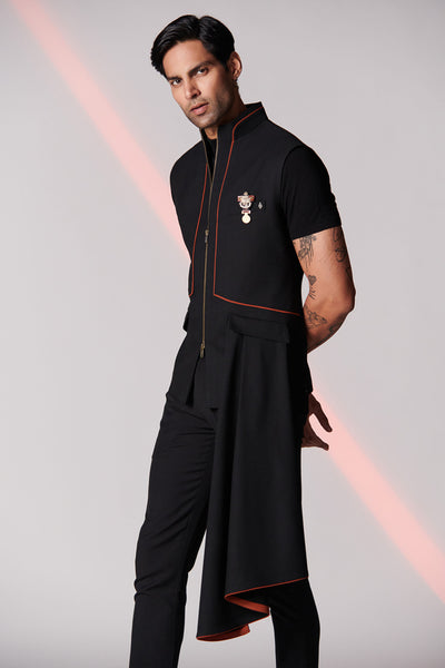 Shantanu & Nikhil Black-Rust Waistcoat with Neo Drape indian menswear designer fashion online shopping melange singapore