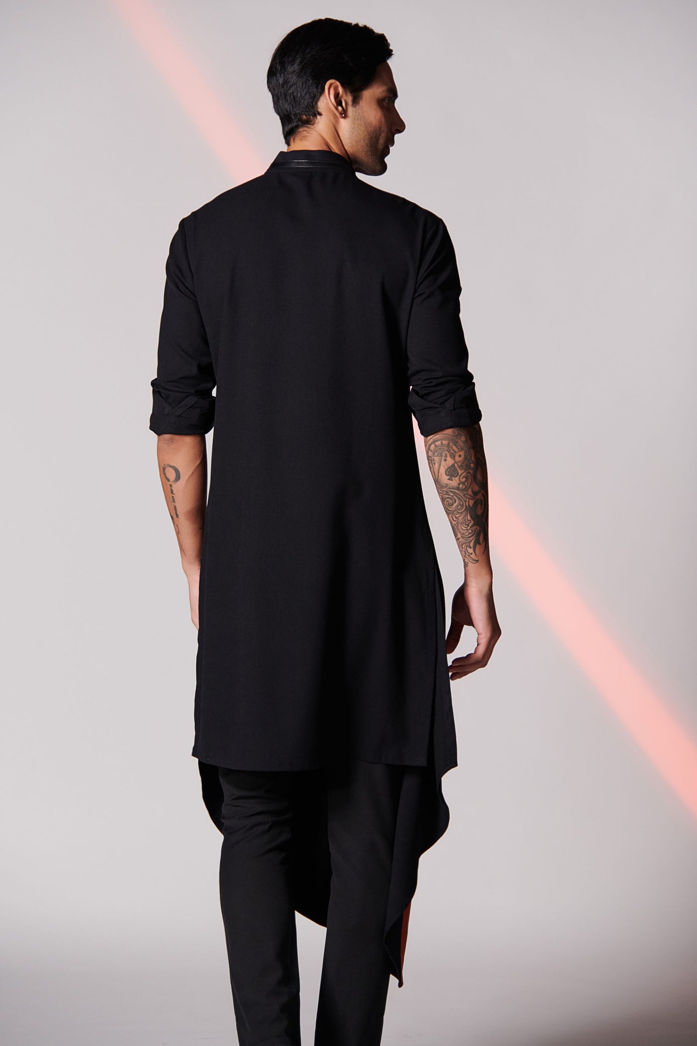 Shantanu & Nikhil Black Asymmetrical Kurta with 3D Crest indian menswear designer fashion online shopping melange singapore