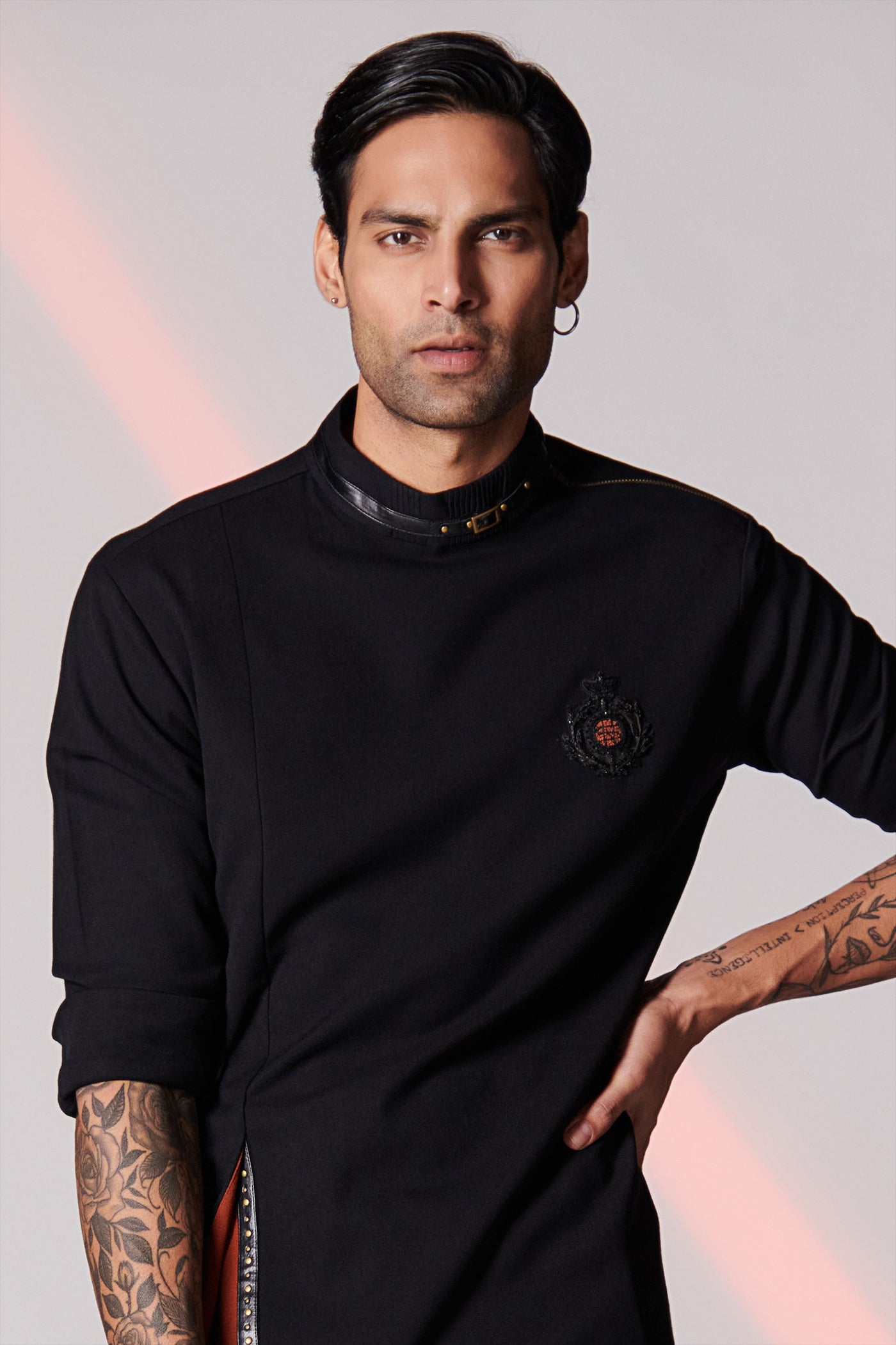 Shantanu & Nikhil Black Asymmetrical Kurta with 3D Crest indian menswear designer fashion online shopping melange singapore