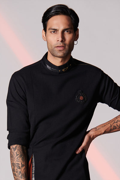 Shantanu & Nikhil Black Asymmetrical Kurta with 3D Crest indian menswear designer fashion online shopping melange singapore