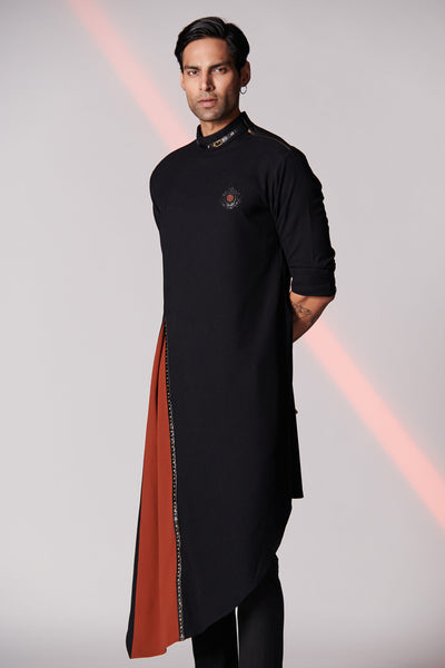 Shantanu & Nikhil Black Asymmetrical Kurta with 3D Crest indian menswear designer fashion online shopping melange singapore