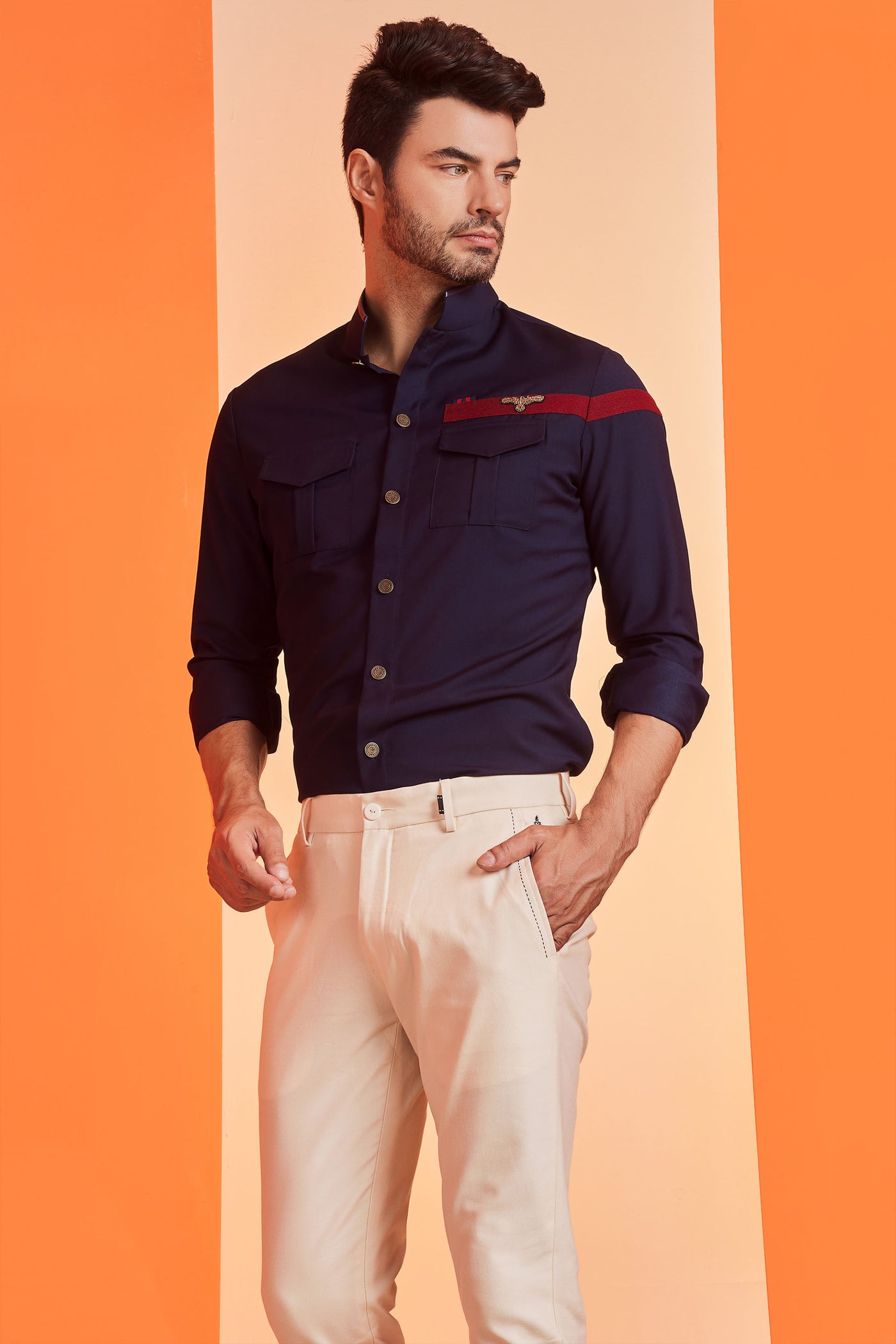 Shantanu & Nikhil Crested Navy Shirt indian menswear designer fashion online shopping melange singapore