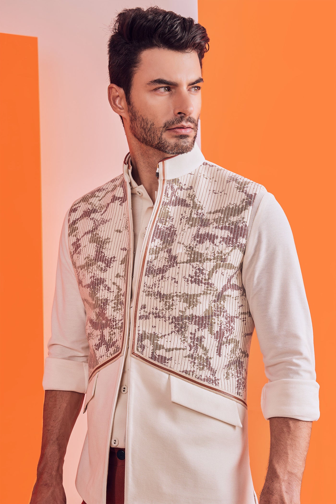 shantanu and nikhil Embroidered Off White Waistcoat western indian designer wear online shopping melange singapore