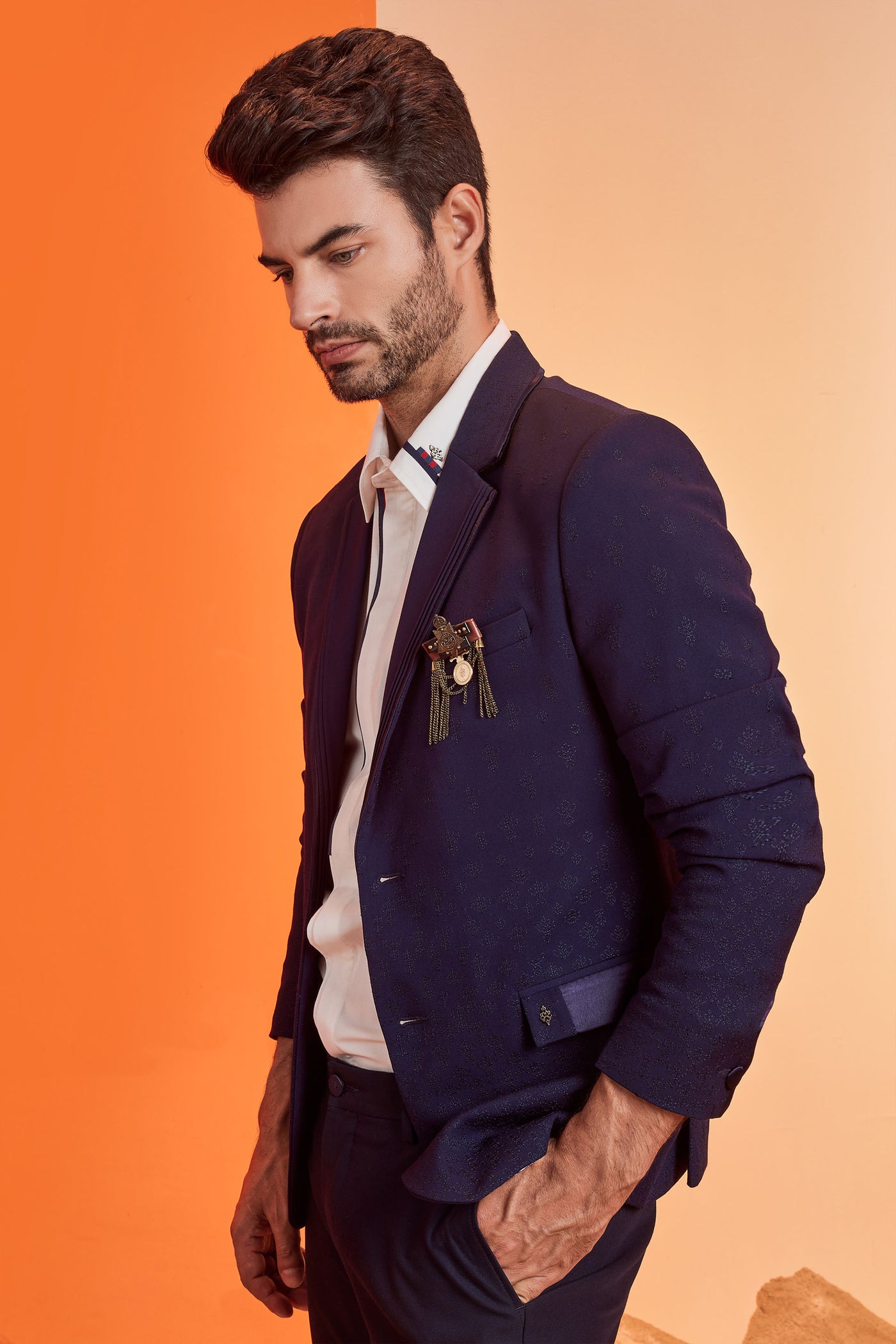 Shantanu & Nikhil Navy Embroidered Jacket with Faux Leather Details indian menswear designer fashion online shopping melange singapore