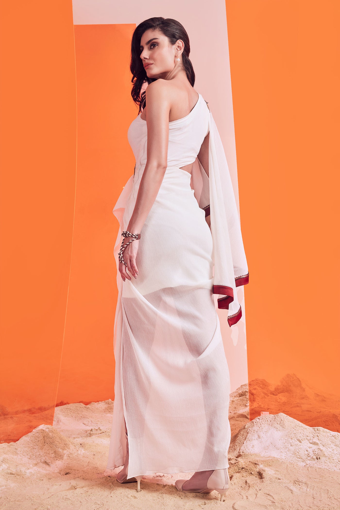 shantanu and nikhil Off White Drape Saree Gown western indian designer wear online shopping melange singapore